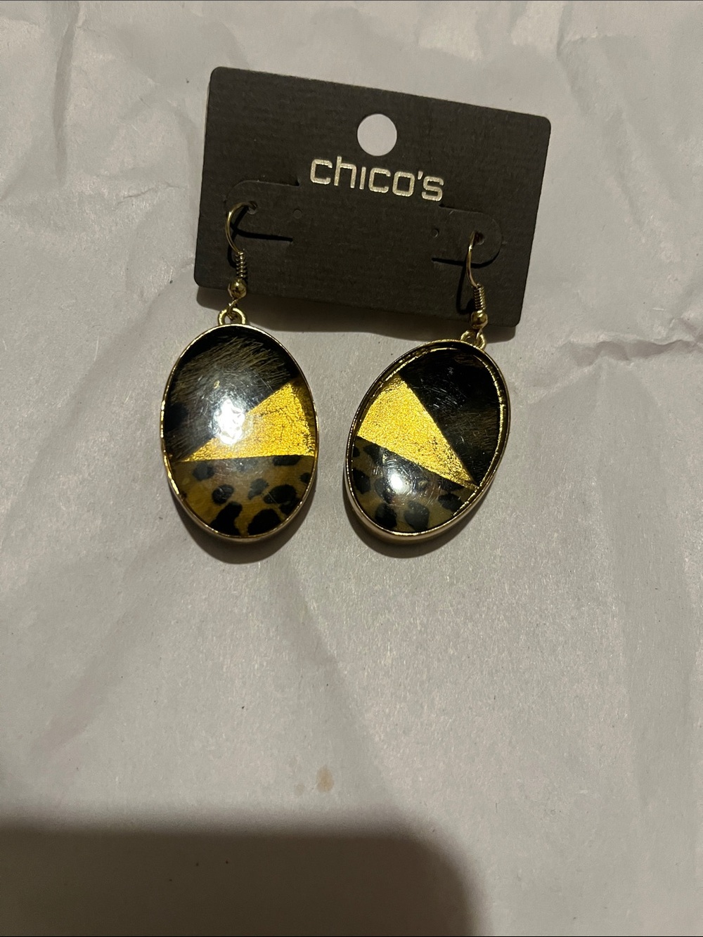 Chico's Black and Gold Oval Drop Earrings with Leopard Accent